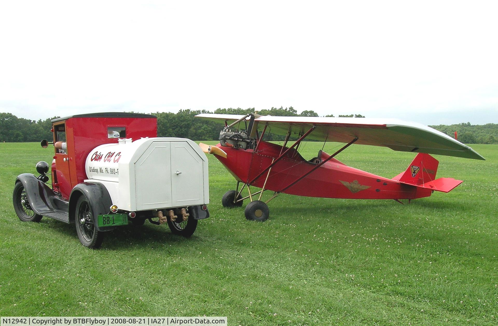 N12942, 1972 Pietenpol Sky Scout C/N SL1, This picture could be from 1932 !! The APM's Model A Ford powered Pietenpol Sky Scout and a Model A fuel truck pose for this picture at Antique Airfield near Blakesburg, IA