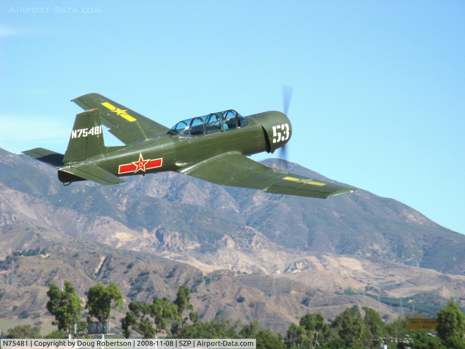 N75481, 1972 Nanchang CJ-6A C/N 2951272, 1972 Nanchang China CJ-6A, Huosai 6A 9 cylinder radial 285 Hp, razzle dazzle takeoff climb Rwy 04