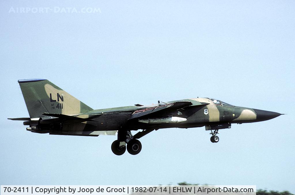 70-2411, 1970 General Dynamics F-111F C/N E2-50, In the eighties the F-111 was a regular visitor on Leeuwarden AB. Picture taken with my good old Practika.