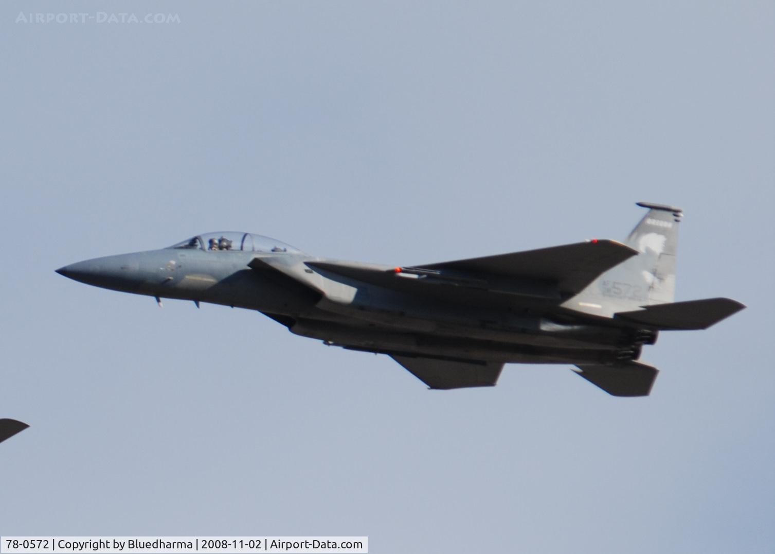 78-0572, 1978 McDonnell Douglas F-15D Eagle C/N 0523/D012, 114th Fighter Squadron, 173rd Fighter Wing, Kingsley Field, Oregon Air National Guard flys over the Mile High Stadium / Denver for a Broncos Football game.  ( 114th FS / 173rd FW, Oregon ANG )