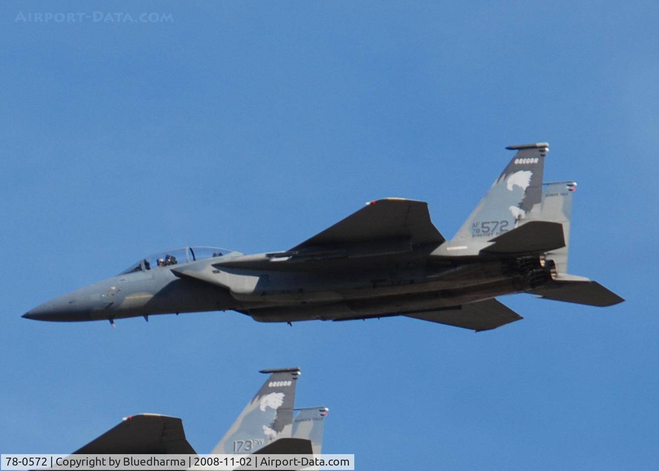 78-0572, 1978 McDonnell Douglas F-15D Eagle C/N 0523/D012, 114th Fighter Squadron, 173rd Fighter Wing, Kingsley Field, Oregon Air National Guard flys over the Mile High Stadium / Denver for a Broncos Football game.  ( 114th FS / 173rd FW, Oregon ANG )