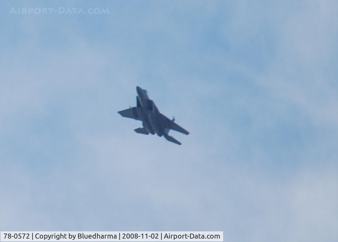 78-0572, 1978 McDonnell Douglas F-15D Eagle C/N 0523/D012, 114th Fighter Squadron, 173rd Fighter Wing, Kingsley Field, Oregon Air National Guard flys over the Mile High Stadium / Denver for a Broncos Football game.  ( 114th FS / 173rd FW, Oregon ANG )