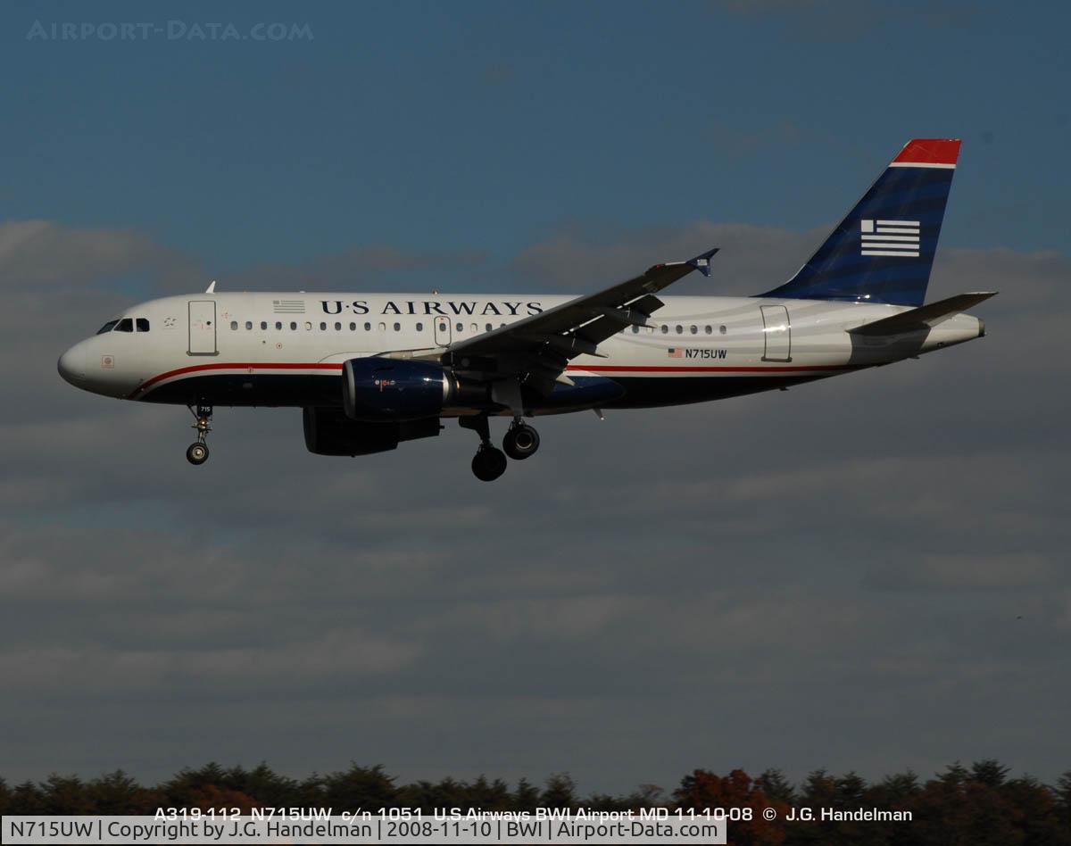 N715UW, 1999 Airbus A319-112 C/N 1051, On final @BWI