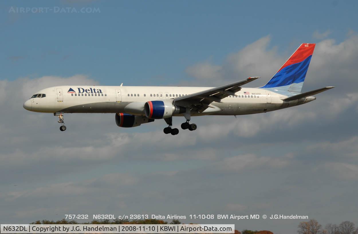 N632DL, 1987 Boeing 757-232 C/N 23613, landing at BWI