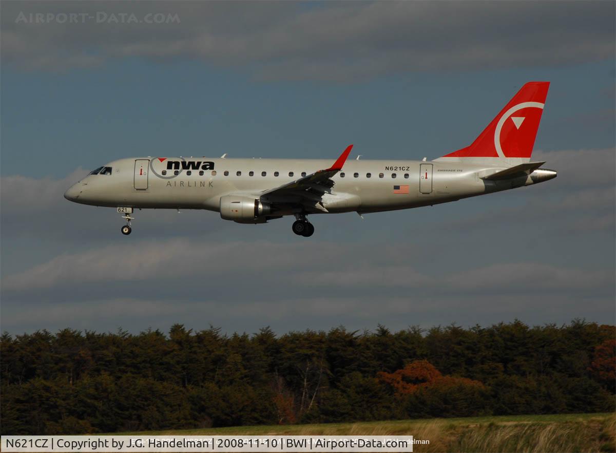 N621CZ, 2008 Embraer 175LR (ERJ-170-200LR) C/N 17000218, landing at BWI