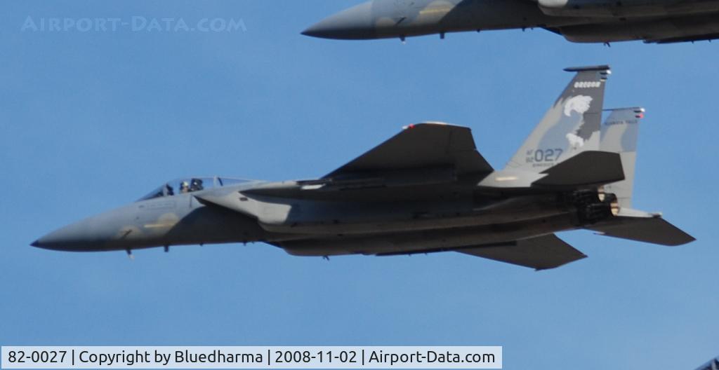 82-0027, 1982 McDonnell Douglas F-15C Eagle C/N 0842/C258, 114th Fighter Squadron, 173rd Fighter Wing, Kingsley Field, Oregon Air National Guard flys over the Mile High Stadium / Denver for a Broncos Football game. ( 114th FS / 173rd FW, Oregon ANG )