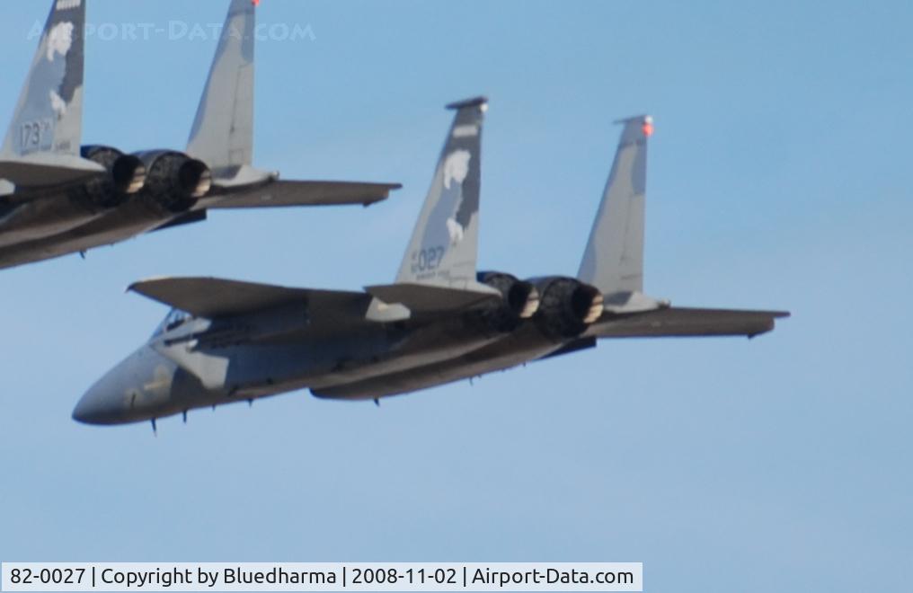 82-0027, 1982 McDonnell Douglas F-15C Eagle C/N 0842/C258, 114th Fighter Squadron, 173rd Fighter Wing, Kingsley Field, Oregon Air National Guard flys over the Mile High Stadium / Denver for a Broncos Football game. ( 114th FS / 173rd FW, Oregon ANG )