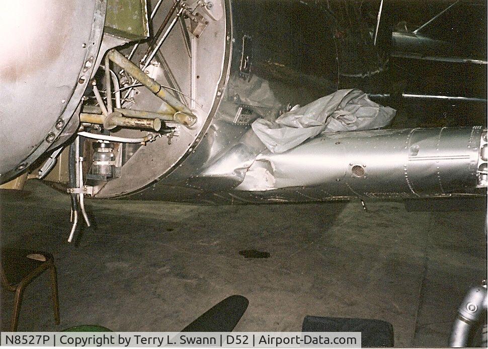N8527P, 1980 Consolidated Vultee BT-13 C/N 79-758, Damage from a forced landing in Batavia. In the hanger at Geneseo for repairs.