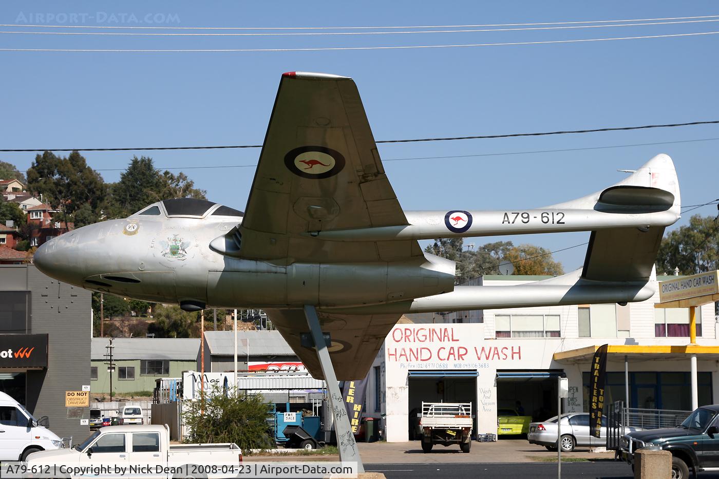 A79-612, De Havilland Australia DH-115 Vampire T.35 C/N DHA4134, Wagga Wagga main hwy through town preserved at a park