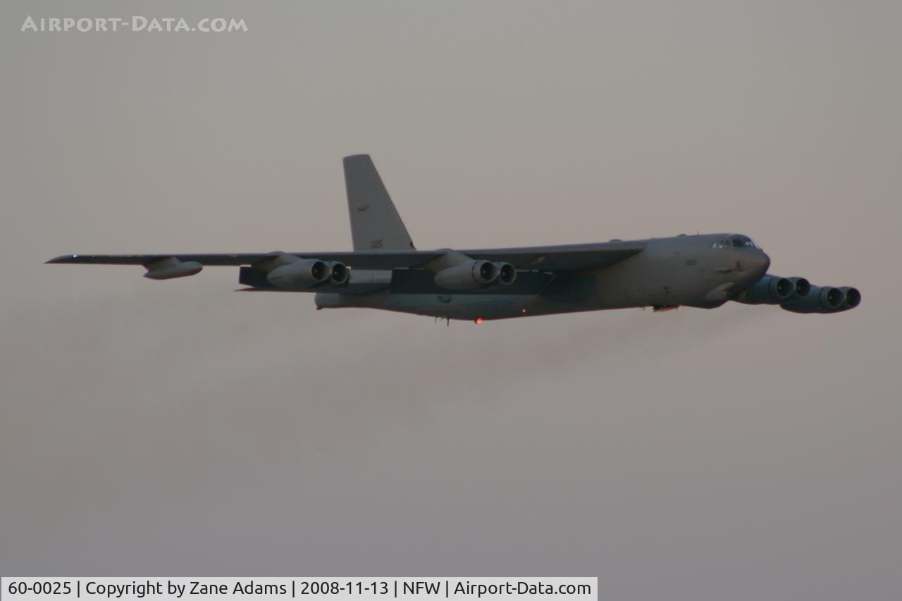 60-0025, 1960 Boeing B-52H Stratofortress C/N 464390, Departing NASJRB Fort Worth at dusk.