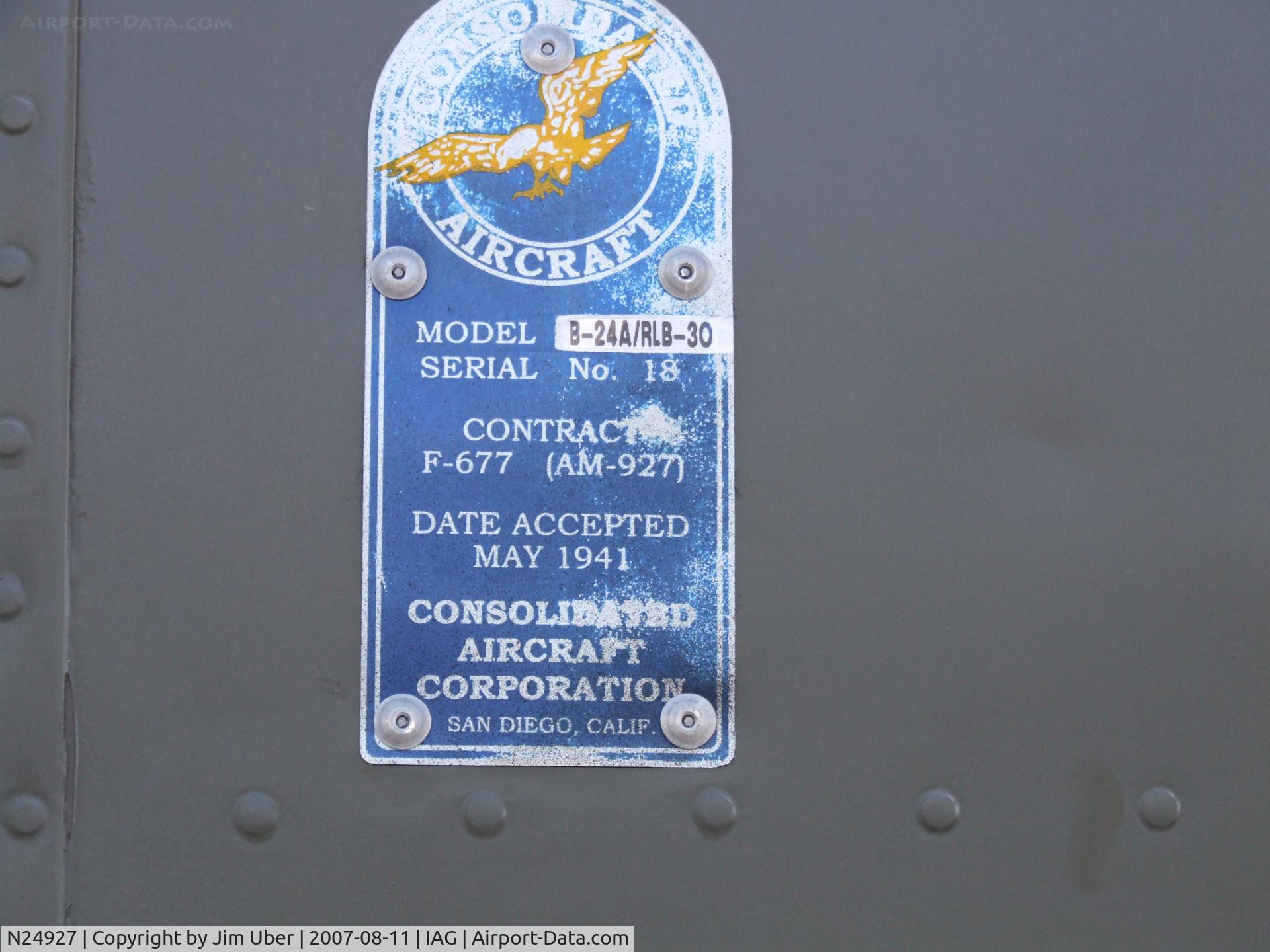 N24927, 1940 Consolidated Vultee RLB30 (B-24) C/N 18, Data Plate for the Liberator
