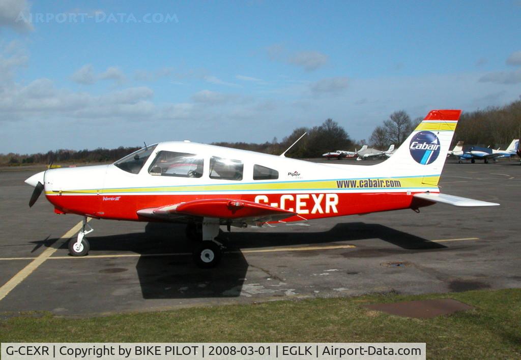 G-CEXR, 2000 Piper PA-28-161 Cherokee Warrior III C/N 2842076, AFTER DOWN LOADING MY PHOTOS OF THIS AIRCRAFT WHICH HAD JUST LANDED I NOTICED THE FRONT LATCH ON THE COWLING WAS UNFASTENED