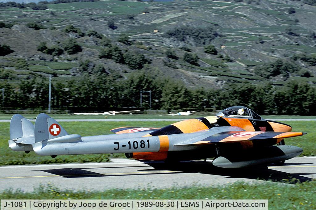 J-1081, 1959 De Havilland (F+W Emmen) Vampire FB6 (DH-100) C/N 992, This bright coloured Vampire was being used for target practise of the AAA.