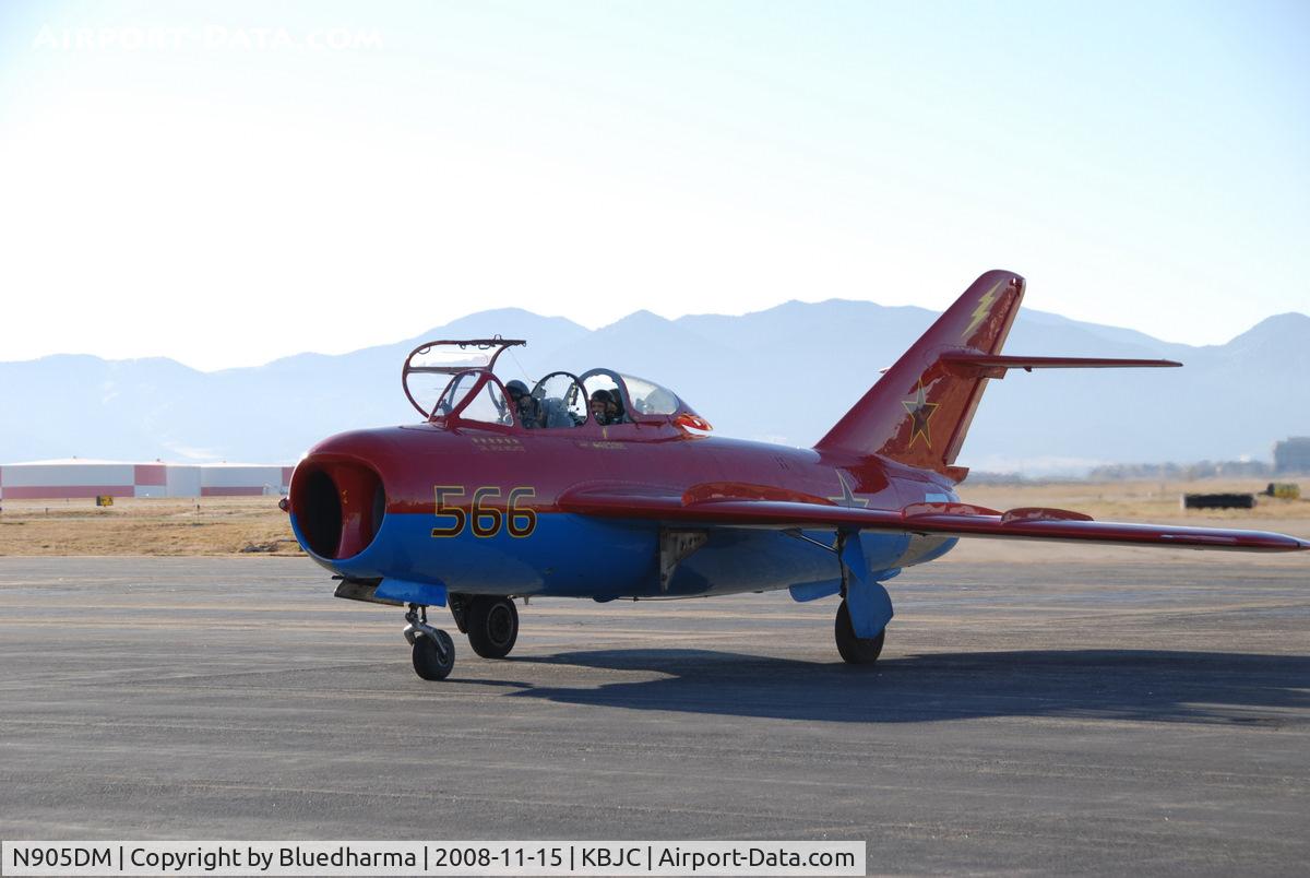 N905DM, 1977 Mikoyan-Gurevich MIG-17T C/N 551604, Salute to Veteran's 2008 event at Broomfield Colorado. Two seat Chinese built advanced fighter trainer. It was built in Chengdu from 1966 to 1986. Colors of the Russian Air Force. It is one of only two in the U.S.