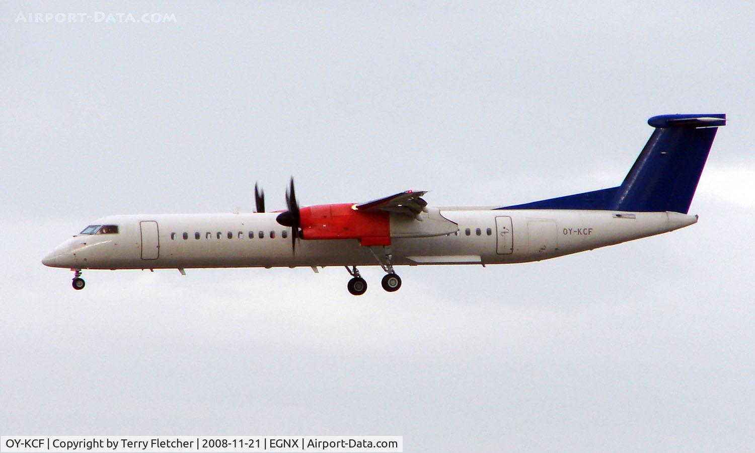 OY-KCF, 2002 De Havilland Canada DHC-8-402Q Dash 8 C/N 4062, Quite probably the last flight of this aircraft with this registration - arriving East Midlands probably bound for repaint into Malev colurs for the New Year