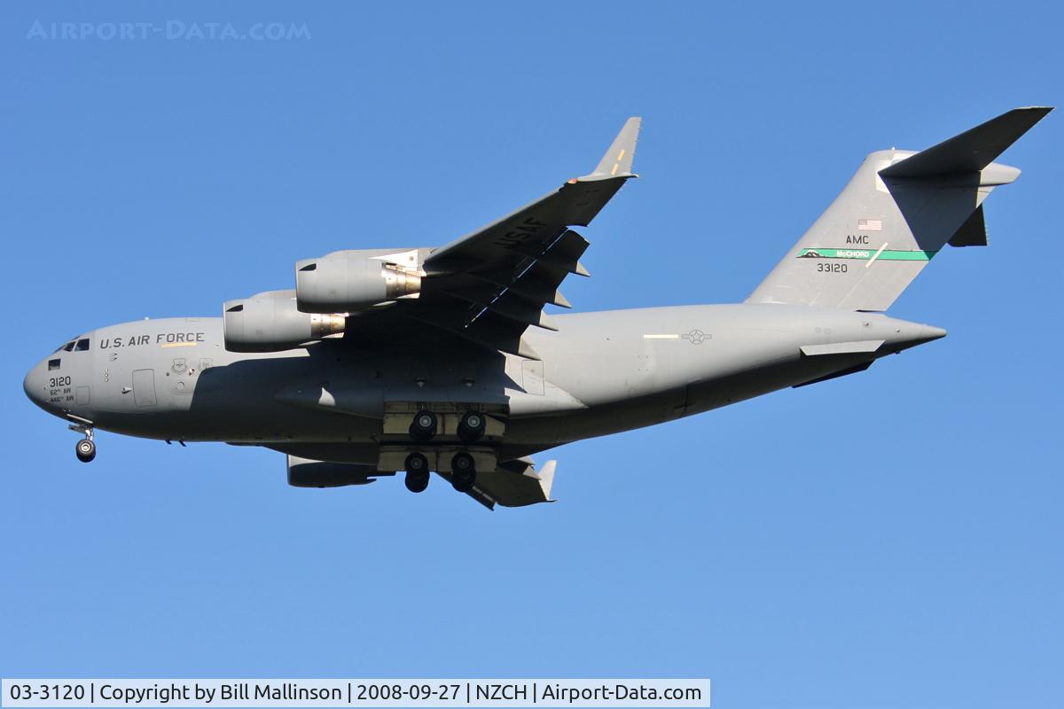 03-3120, 2003 Boeing C-17A Globemaster III C/N P-120, Start of the 2008-09 Antarctic season.  Did the customary low flyover of the City before landing on 02