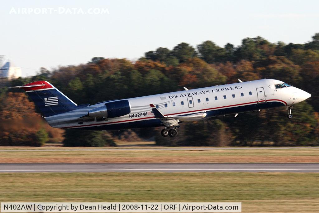 N402AW, 1998 Bombardier CRJ-200LR (CL-600-2B19) C/N 7281, US Airways Express (Air Wisconsin) N402AW (FLT AWI3652) departing RWY 23 enroute to Reagan National (KDCA).