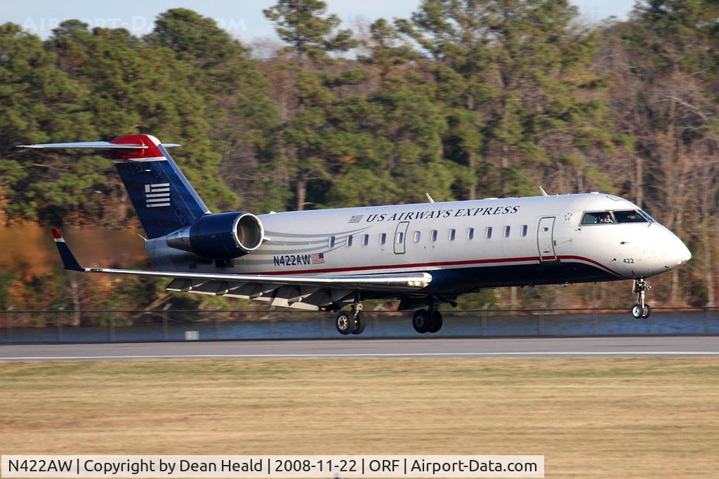 N422AW, 1999 Canadair CRJ-200ER (CL-600-2B19) C/N 7341, US Airways Express (Air Wisconsin) N422AW (FLT AWI3860) from Charlotte/Douglas Int'l (KCLT) landing on RWY 23.