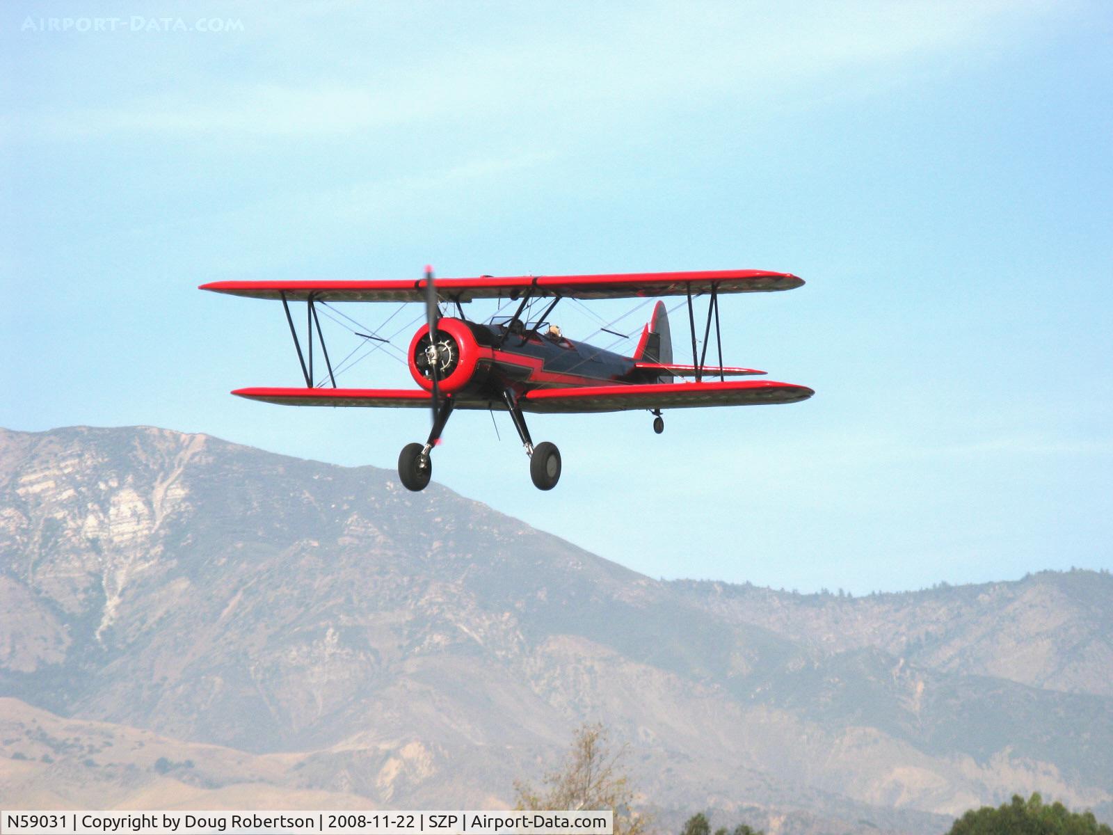 N59031, 1941 Boeing A75N1(PT17) C/N 75-3808, 1941 Boeing Stearman A75N1 (PT-17), Continental W-670 220 Hp, on final for Rwy 22