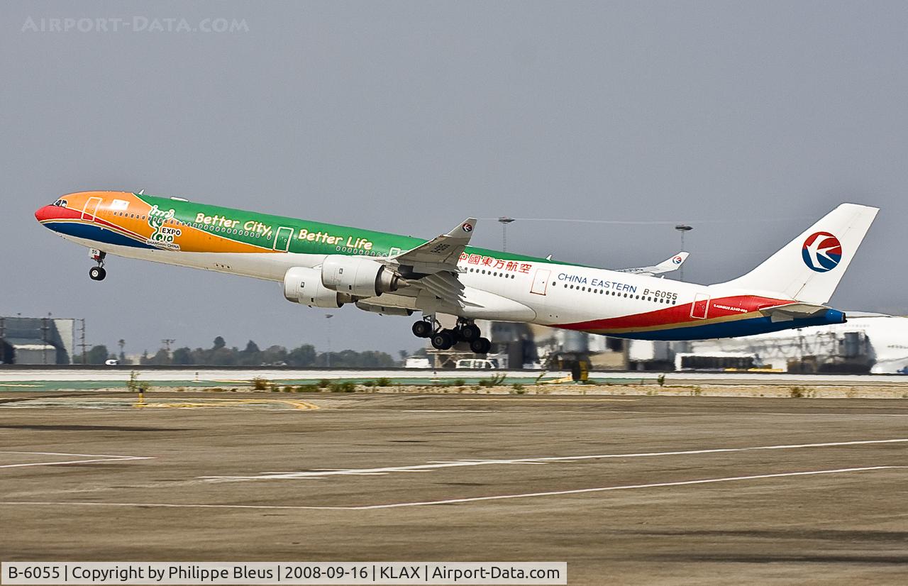 B-6055, 2004 Airbus A340-642 C/N 586, Very special scheme lifting off from rwy 25R