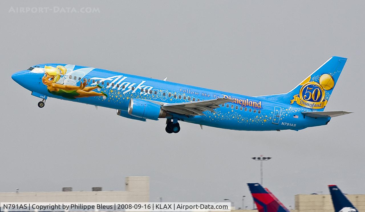 N791AS, 1997 Boeing 737-490 C/N 28886, Special Disneyland scheme taking off from rwy 25R