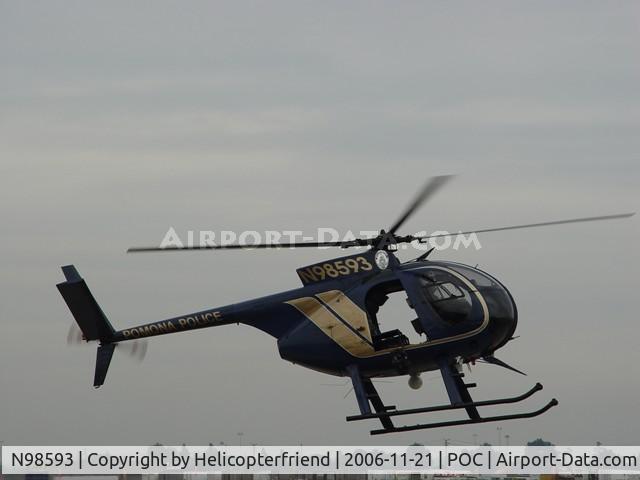 N98593, 1967 Hughes OH-6A Cayuse C/N 0978, Entering Pomona PD fenced heliport area at Brackett
