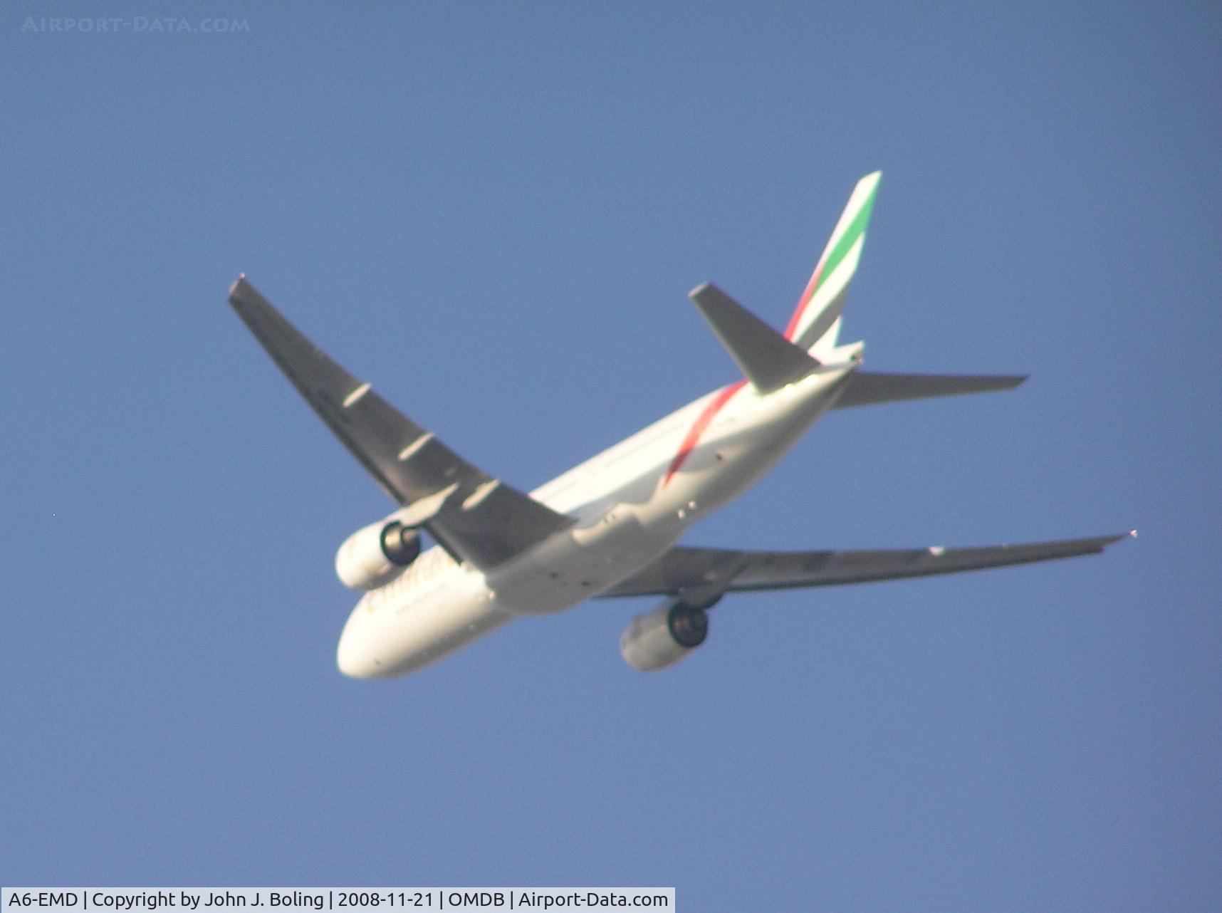 A6-EMD, 1996 Boeing 777-21H C/N 27247, Emirates B-777 departing Dubai. Must have been heavy - didn't climb as fast as others.