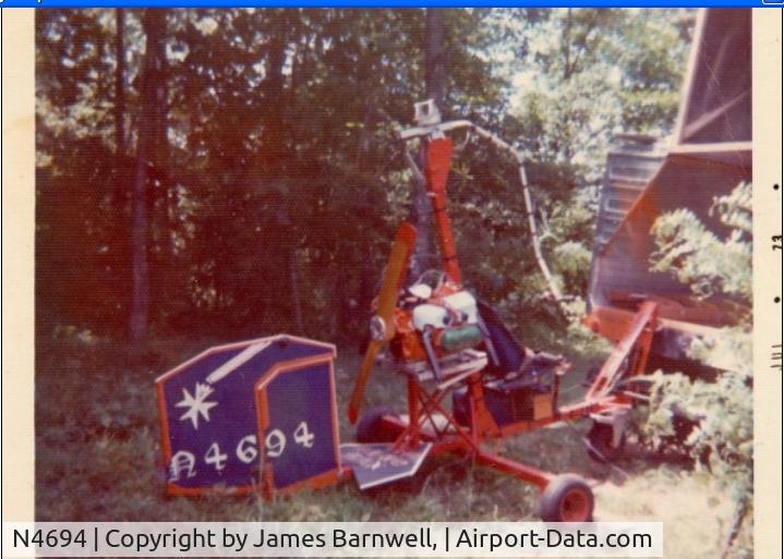 N4694, Bensen B-8M Gyrocopter Gyrocopter C/N 1 (N4694), I am the original builder, I started it in 1969, this pic. taken in 73, the egine is a VW, the Propeller is a Troyer, with offset Blades..52x26