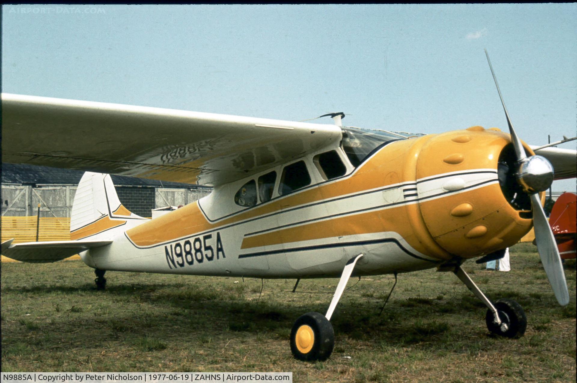 N9885A, 1950 Cessna 195B Businessliner C/N 7638, An earlier colour scheme than shown in Zane's photo, but then his regn number is different. This was seen at Zahns Airport, Amityville, Long Island in 1977 - the airport later closed in 1980.