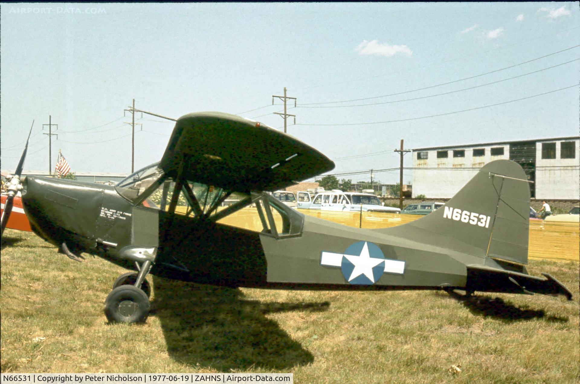 N66531, 1943 Stinson L-5 Sentinel C/N 42-15025, Displayed at Zahns Airport, Amityville, NY in 1977 - airfield later closed in 1980