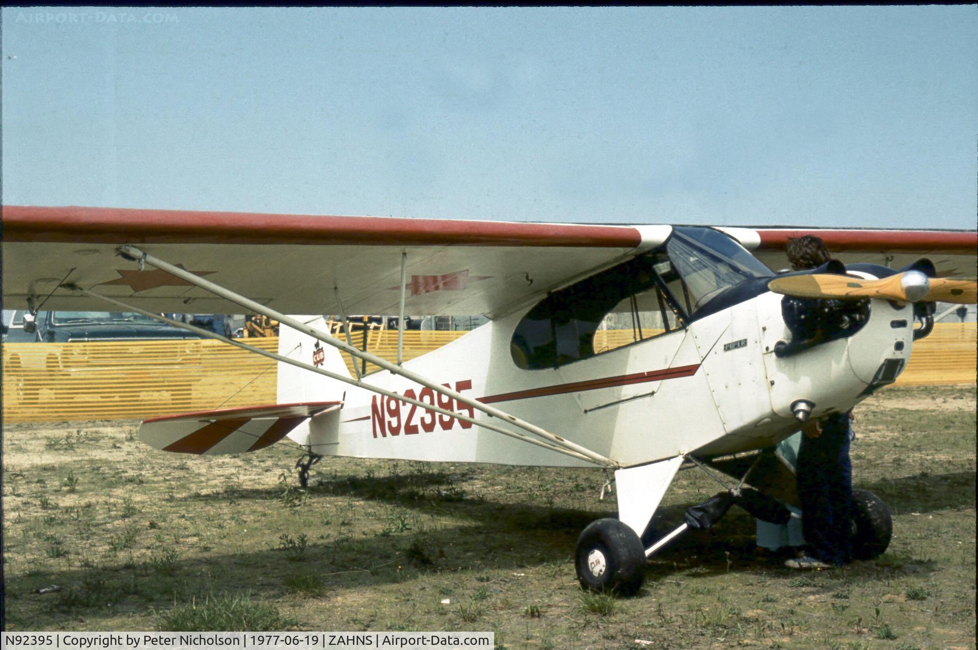 N92395, 1946 Piper J3C-65 Cub C/N 16857, Seen at Zahns Airport, Amityville NY in 1977 - airfield itself closed in 1980.
