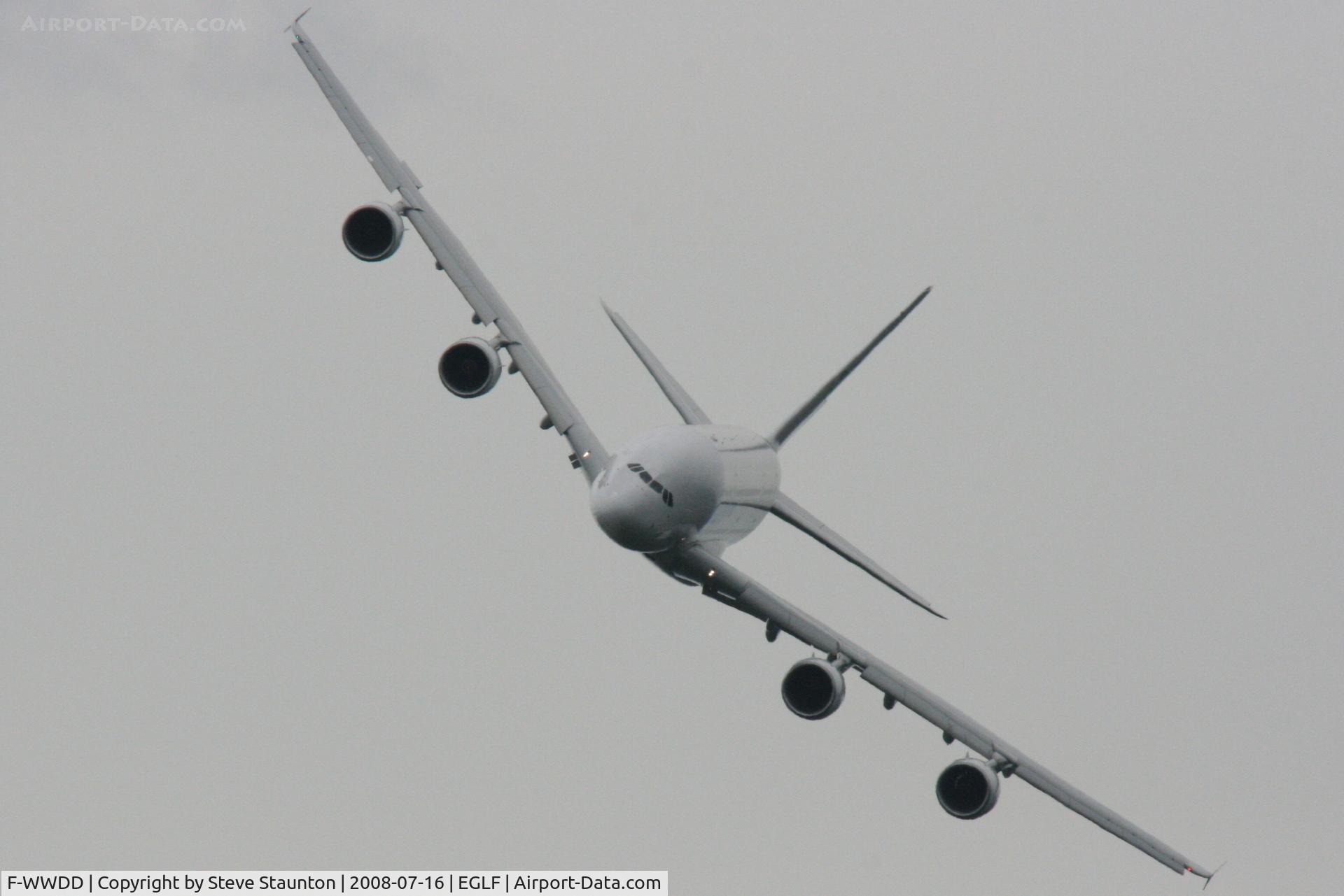 F-WWDD, 2005 Airbus A380-861 C/N 004, Taken at Farnborough Airshow on the Wednesday trade day, 16th July 2009 (Displaying temporary registration F-WWDD).