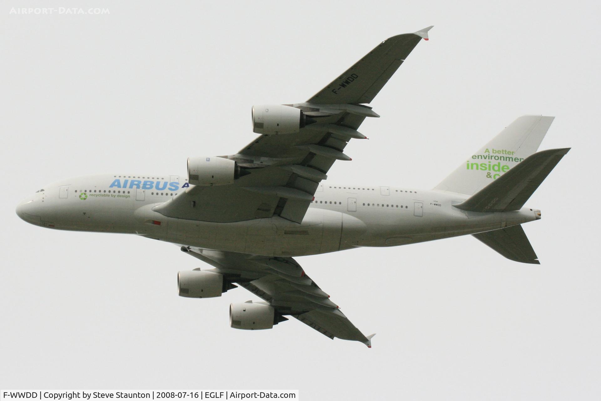F-WWDD, 2005 Airbus A380-861 C/N 004, Taken at Farnborough Airshow on the Wednesday trade day, 16th July 2009 (Displaying temporary registration F-WWDD).