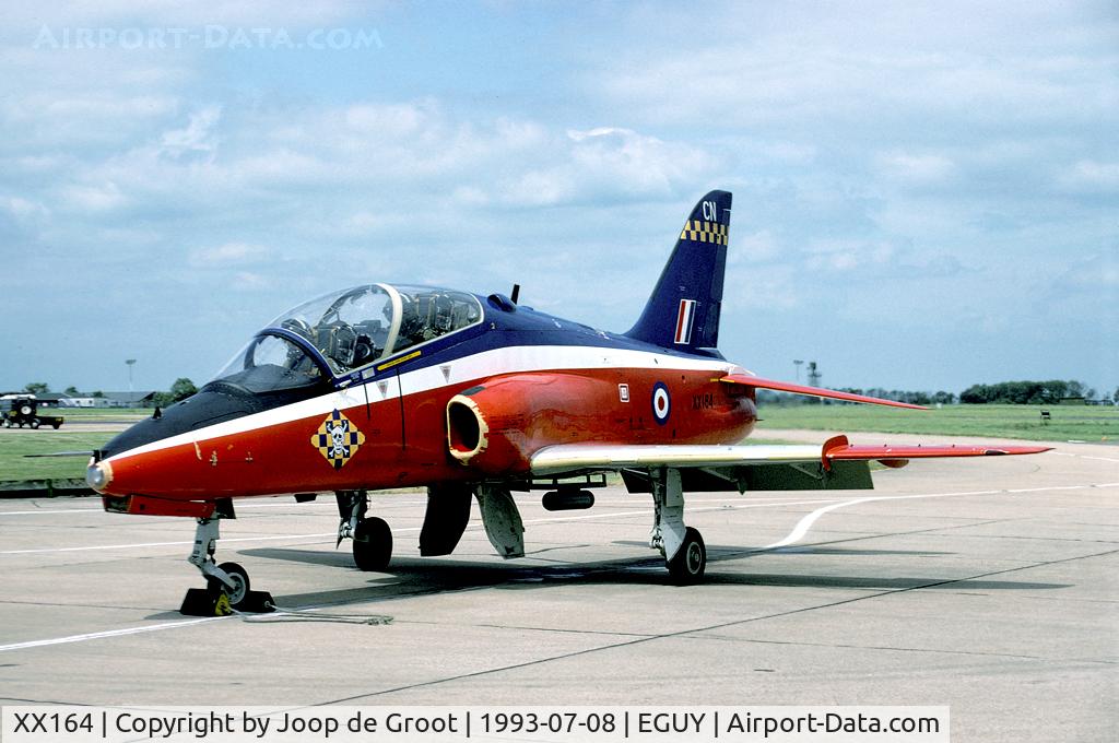 XX164, 1976 Hawker Siddeley Hawk T.1 C/N 011/312011, This is the only 100 sqn Hawk to wear the red, white and blue colors of the training schools.