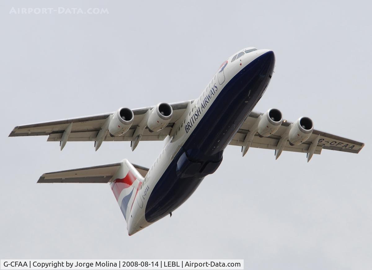 G-CFAA, 2000 British Aerospace Avro 146-RJ100 C/N E3373, Taking off RWY 07R.