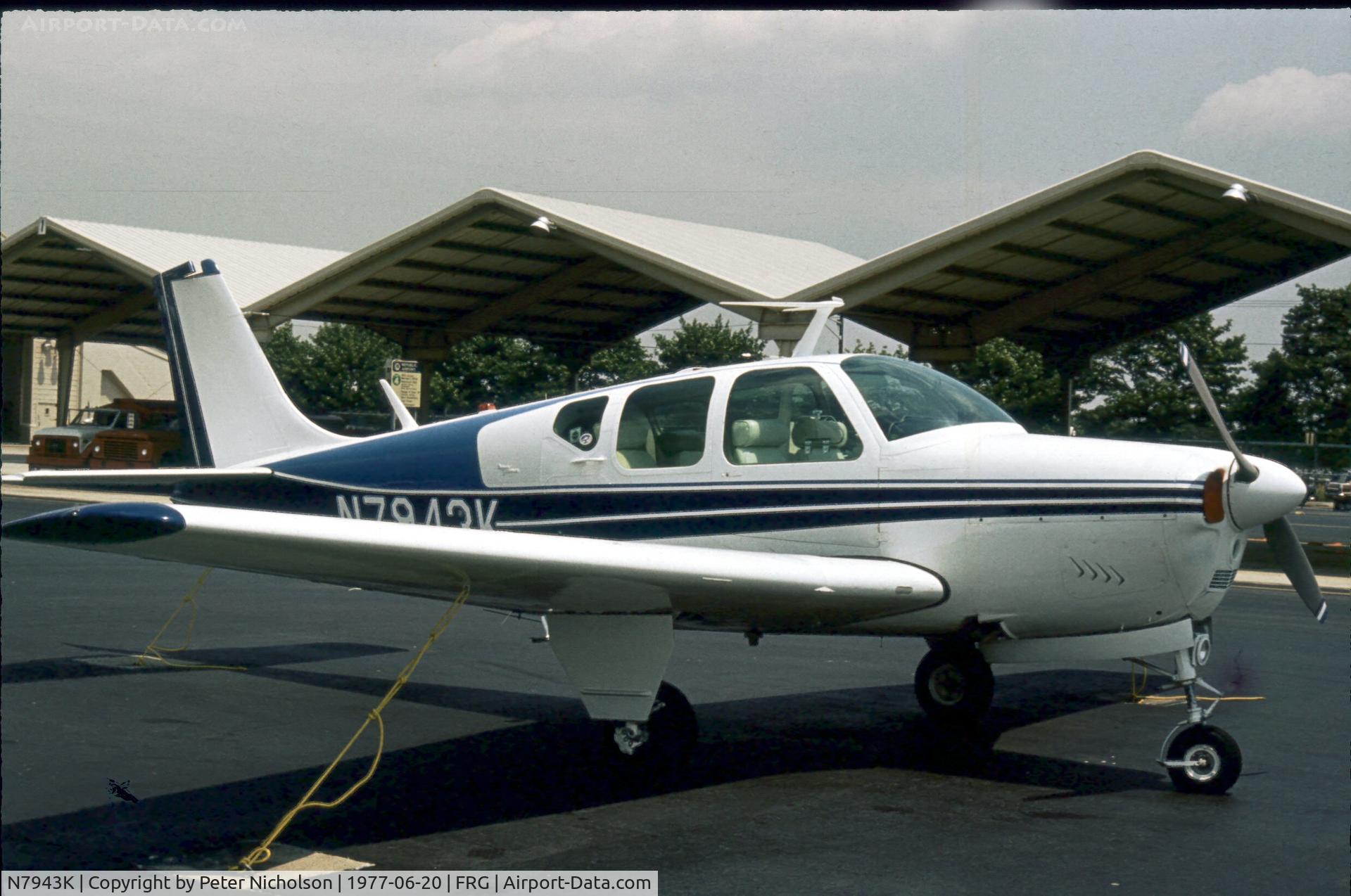 N7943K, 1964 Beech 35-B33 Debonair C/N CD-765, This Debonair was seen at Republic Airport on Long Island in 1977.