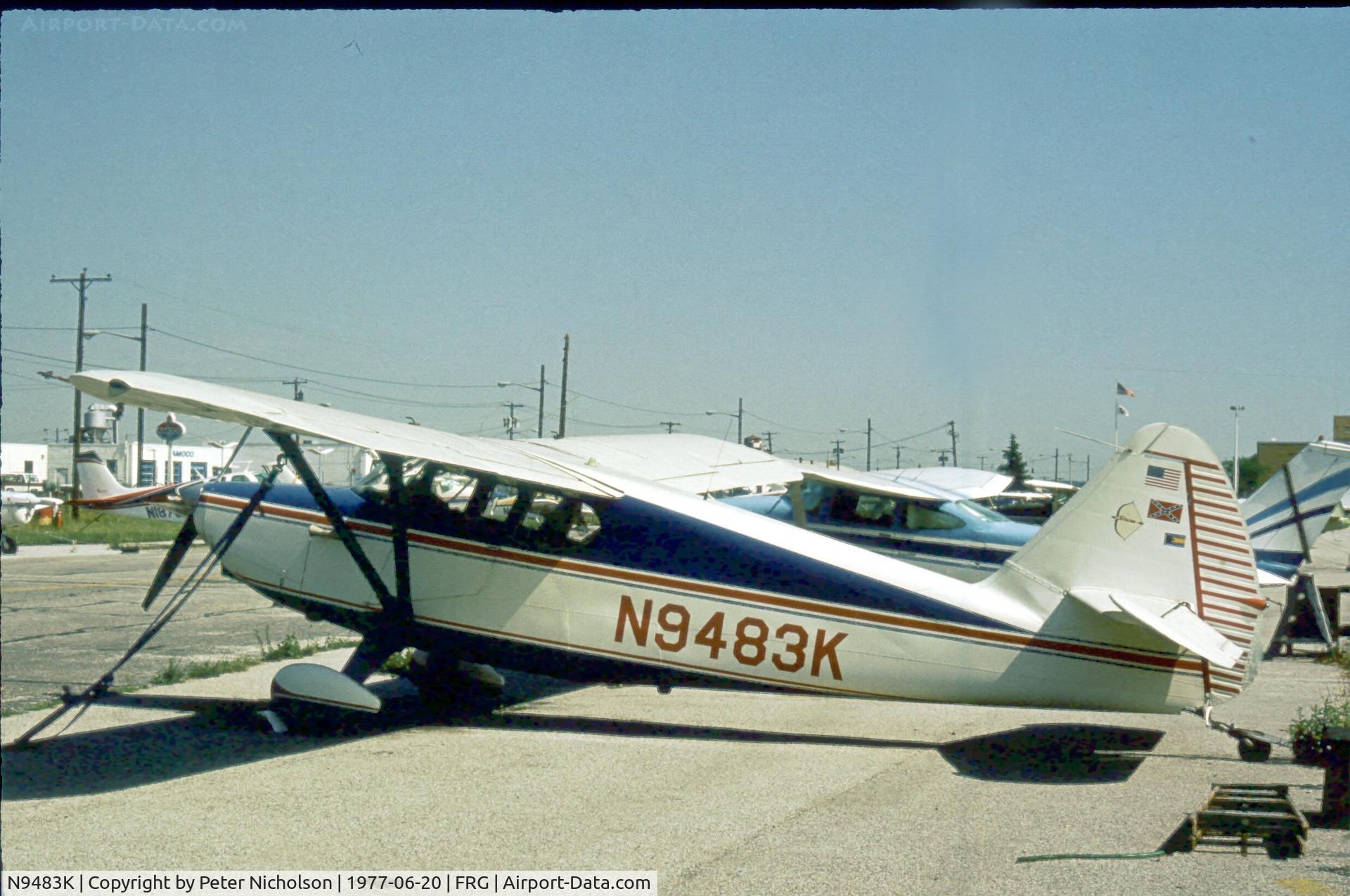 N9483K, 1947 Stinson 108-2 Voyager C/N 108-2483, This Voyager was seen at Republic Airport on Long Island in 1977.