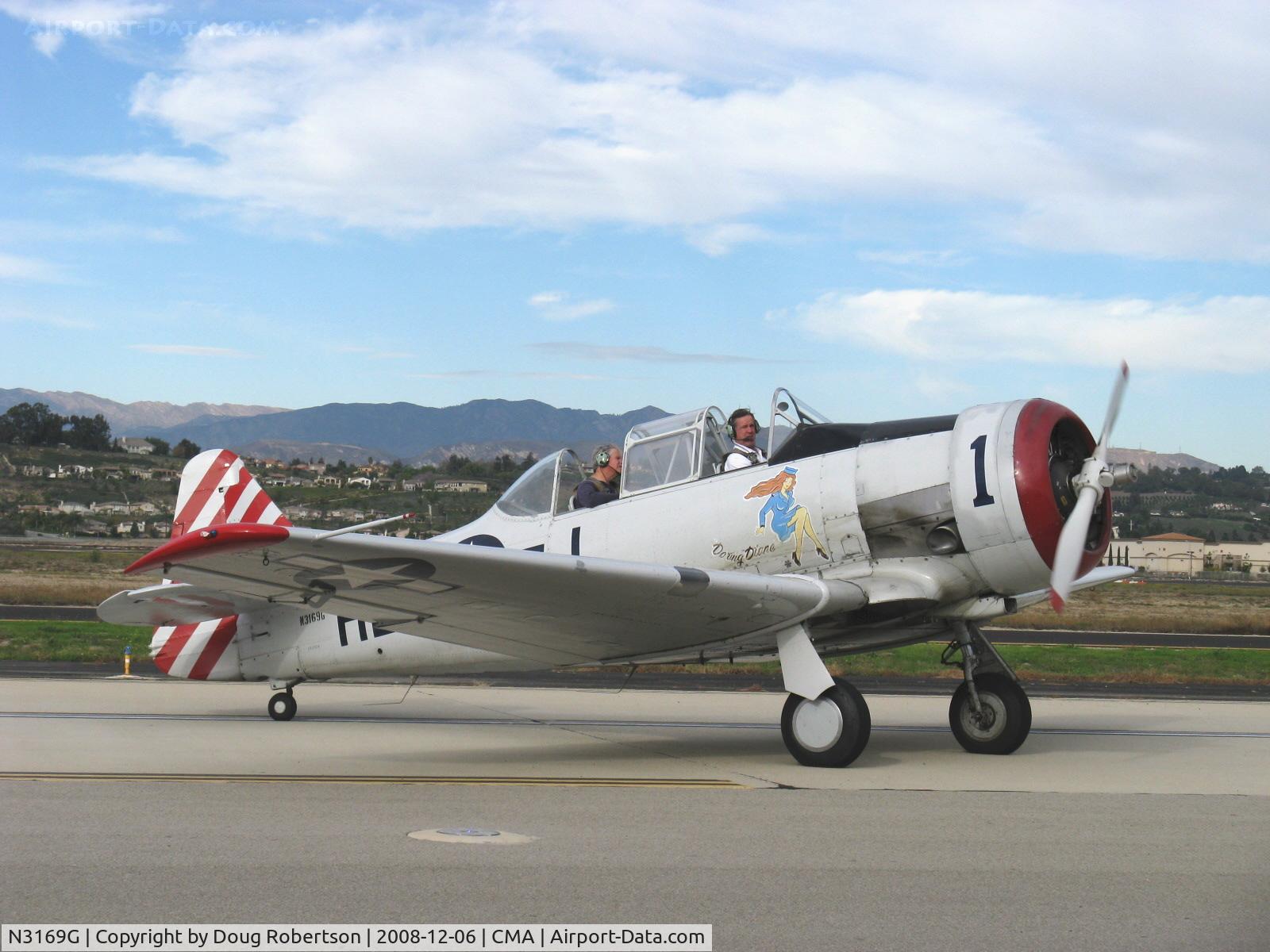 N3169G, 1945 North American AT-6F Texan C/N 121-42937, 1945 North American AT-6F TEXAN, P&W R-1340 550 Hp, 'Daring Diane', taxi to CAF, SoCal Wing after landing Rwy 26