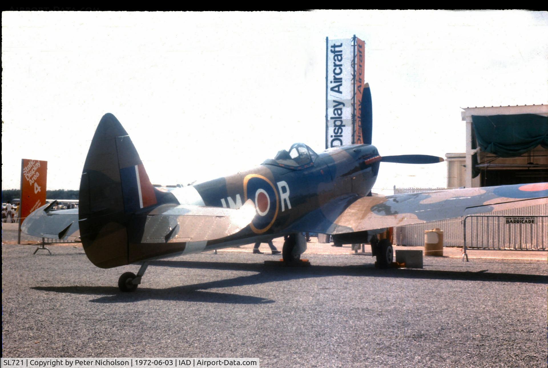 SL721, 1945 Supermarine 361 Spitfire LF.XVIe C/N CBAF.IX.4756, This Spitfire LF.XVIeX was on static display at Transpo 72 held at Dulles Airport.