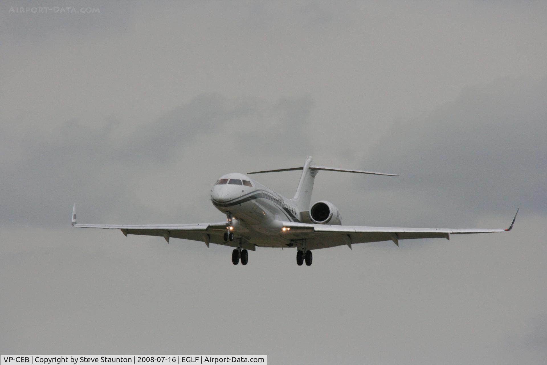 VP-CEB, 2001 Bombardier BD-700-1A10 Global Express C/N 9083, Taken at Farnborough Airshow on the Wednesday trade day, 16th July 2009