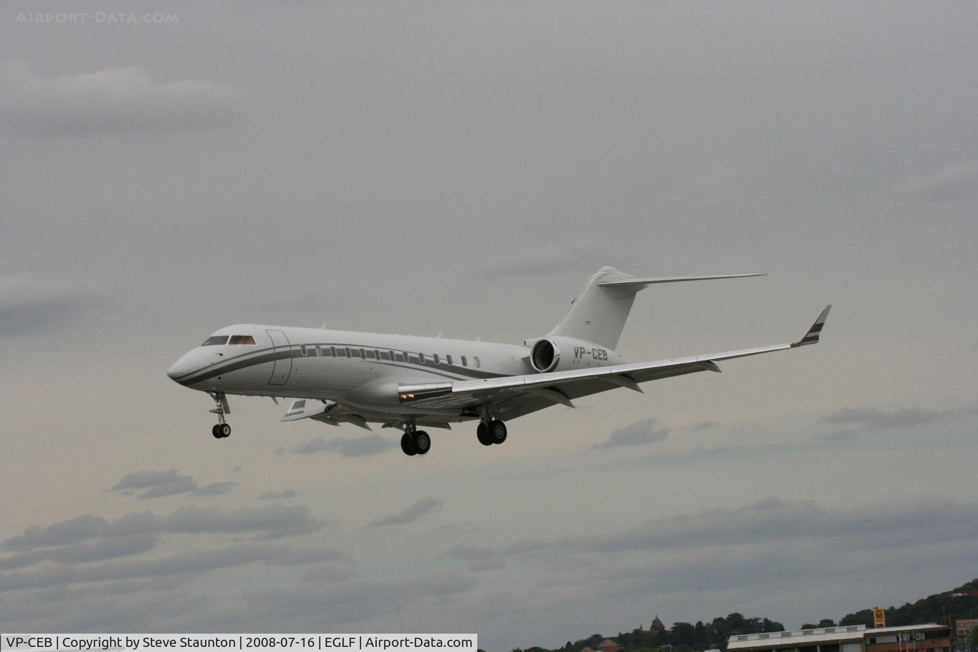 VP-CEB, 2001 Bombardier BD-700-1A10 Global Express C/N 9083, Taken at Farnborough Airshow on the Wednesday trade day, 16th July 2009