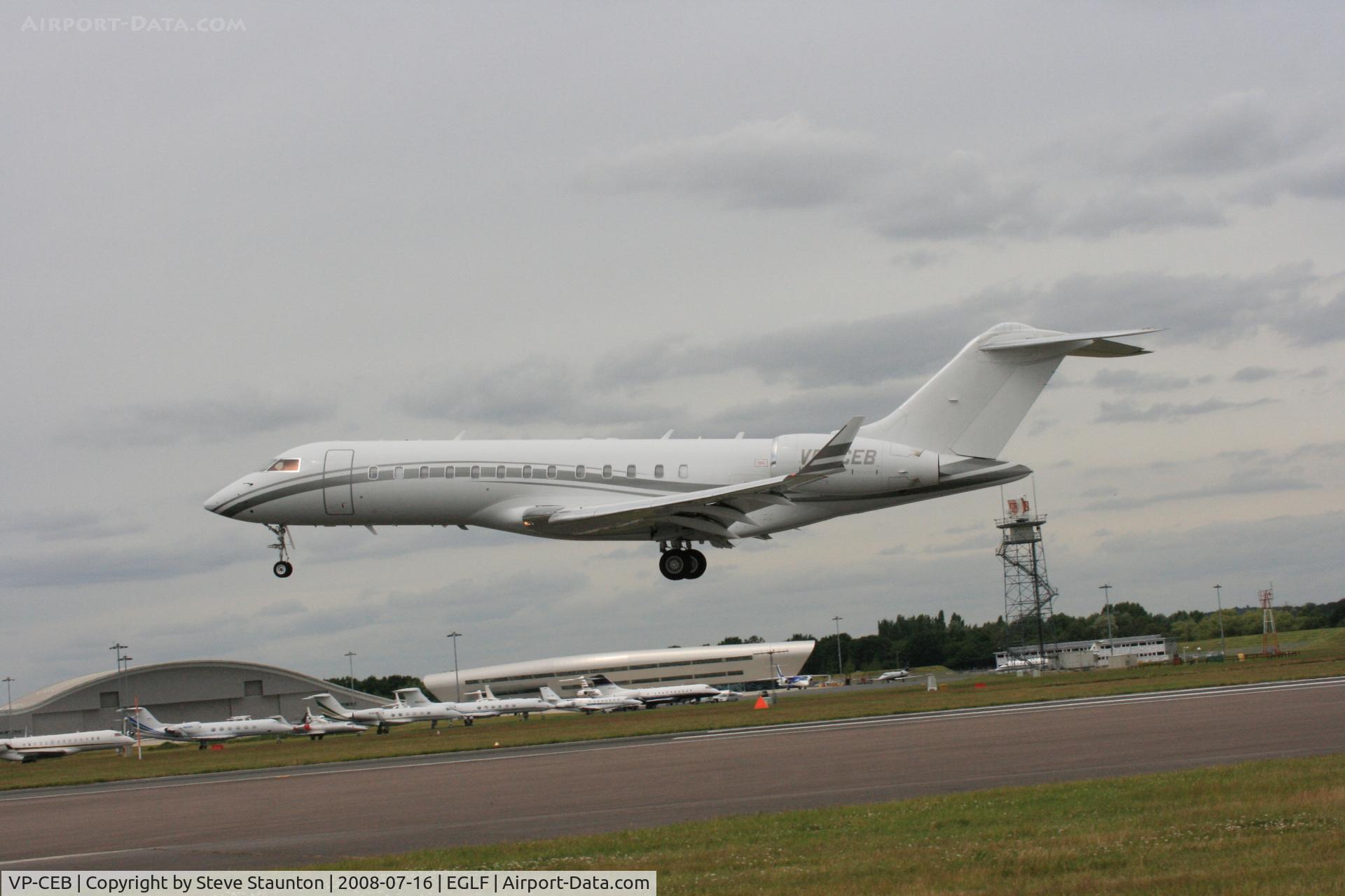 VP-CEB, 2001 Bombardier BD-700-1A10 Global Express C/N 9083, Taken at Farnborough Airshow on the Wednesday trade day, 16th July 2009