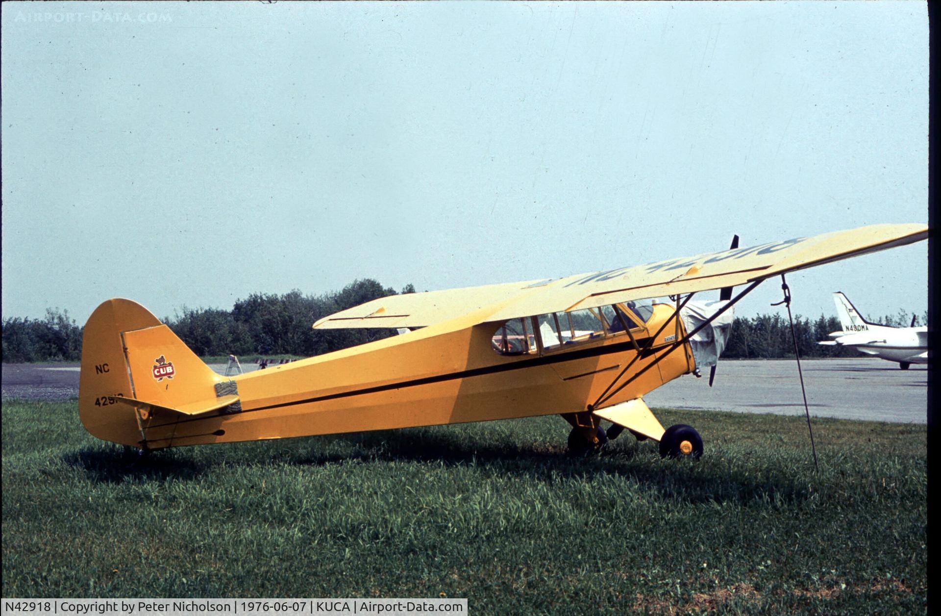 N42918, 1945 Piper J3C-65 Cub C/N 15254, This Cub as NC42918 was seen at Oneida County Airport in 1976 - airport closed in 2007.