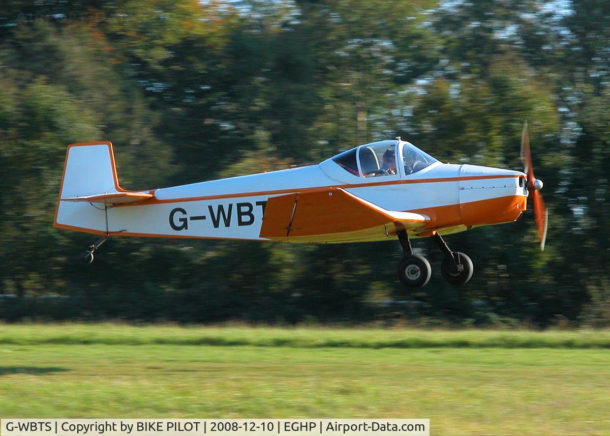 G-WBTS, 1977 Falconar F-11 Sporty C/N PFA 032-10070, JUST AIRBOURNE FROM RUNWAY 26 POPHAM END OF SEASON FLY-IN 2008.