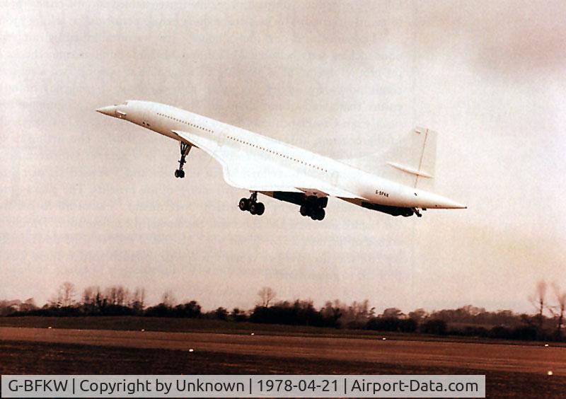 G-BFKW, 1978 Aerospatiale-BAC Concorde 1-102 C/N 100-014, The maiden flight of Concorde 214 as a white tail and under the registration of G-BFKW, on 21st April 1978 from Filton. Picture courtesy of BAE Systems - Also see G-BOAG she was registered as AG for much of her life.