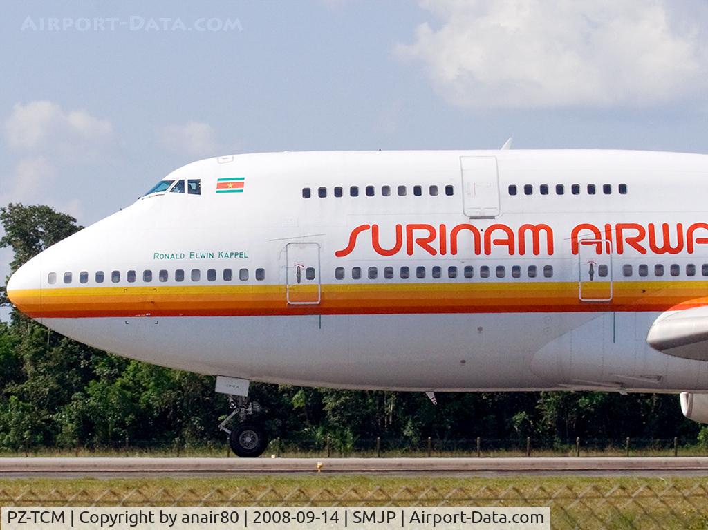 PZ-TCM, 1986 Boeing 747-306M C/N 23508/657, Arriving from AMS and rolling down RWY 29 to the terminal...