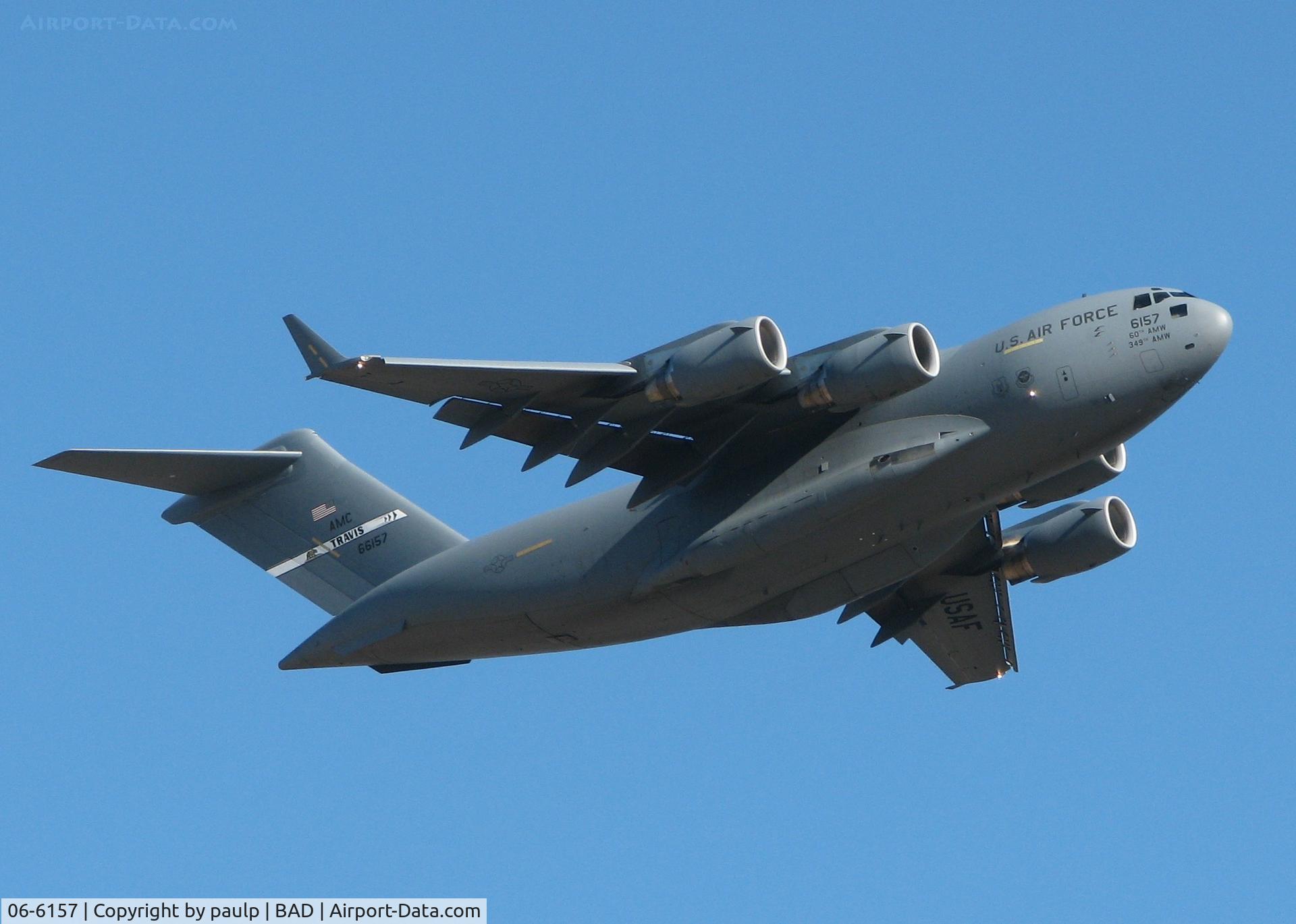 06-6157, 2006 Boeing C-17A Globemaster III C/N P-157, Taking off from Barksdale Air Force Base prior to the 747 piggy backing the Space Shuttle Endeavour. The C-17 is one of the support aircraft for the trip back to Florida.