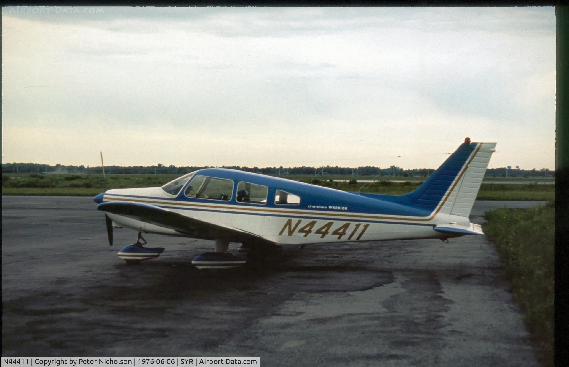 N44411, 1974 Piper PA-28-151 C/N 28-7415633, This Cherokee Warrior was seen at Syracuse in the summer of 1976.