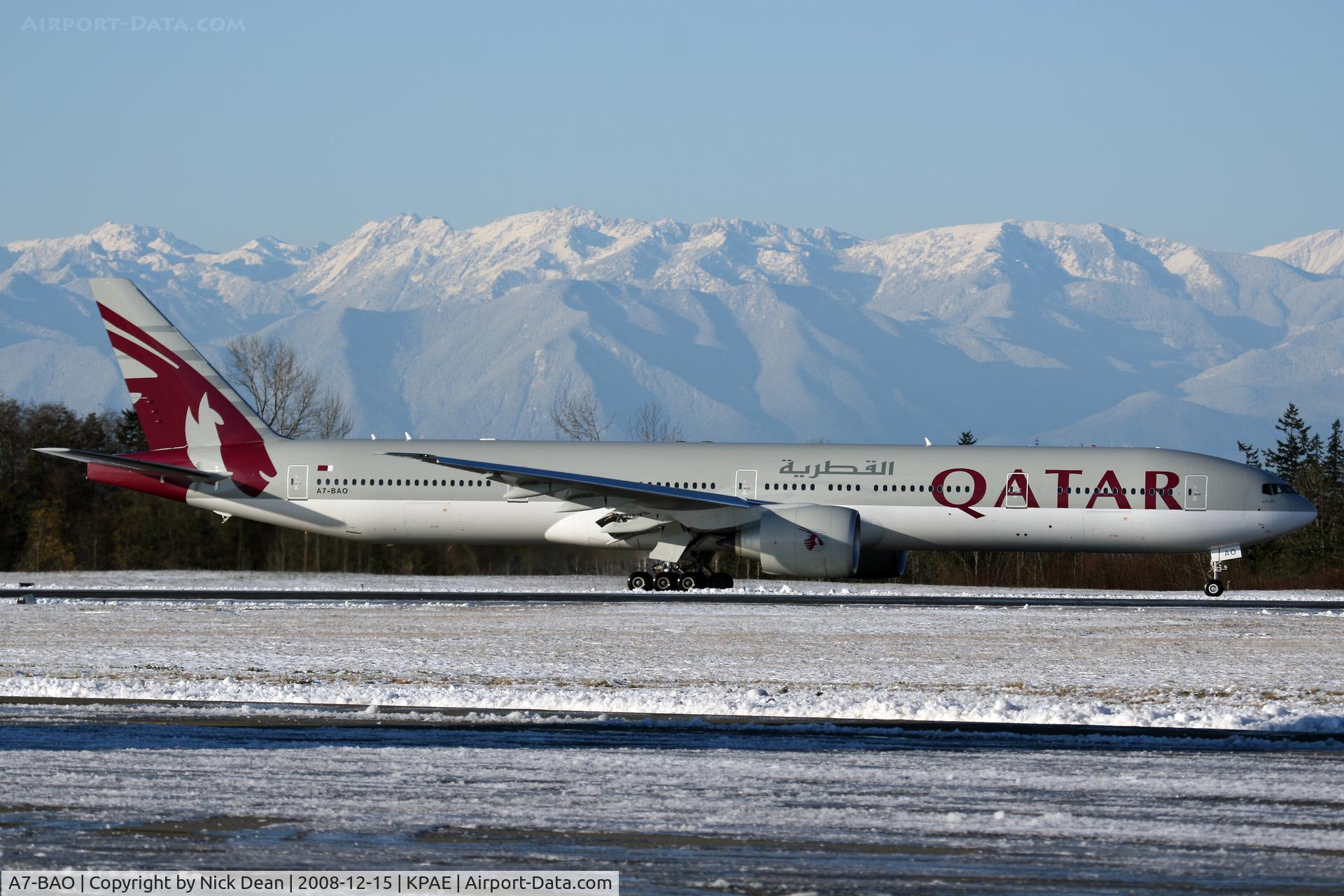 A7-BAO, 2008 Boeing 777-3DZ/ER C/N 36011, KPAE (Boeing 875 returning from a test flight on an unusually bitter but sunny day in Everett)
