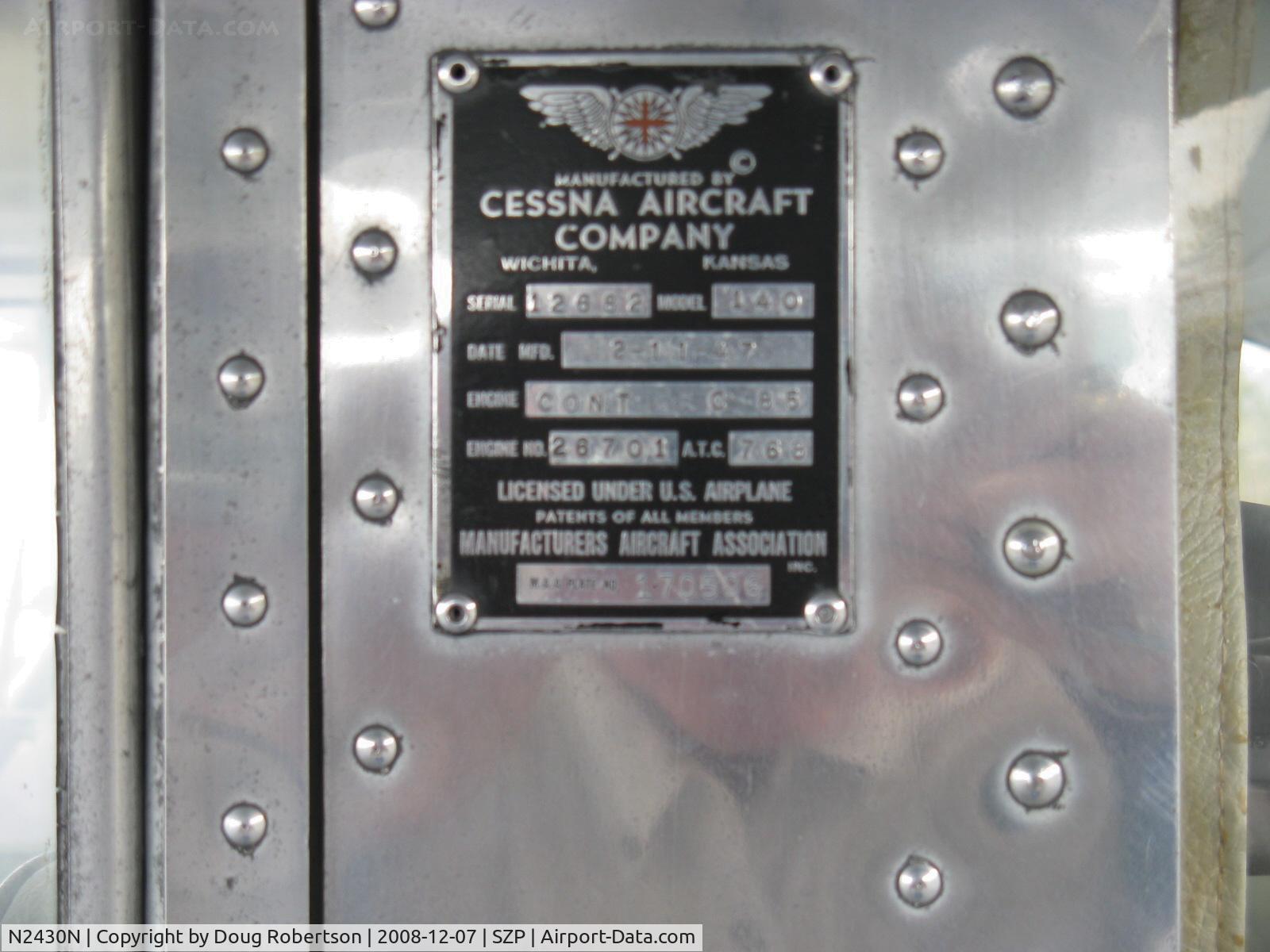 N2430N, 1947 Cessna 140 C/N 12682, 1947 Cessna 140, Continental C85 85 Hp, data plate